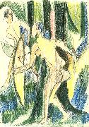 Arching girls in the wood - Crayons and pencil, Ernst Ludwig Kirchner
